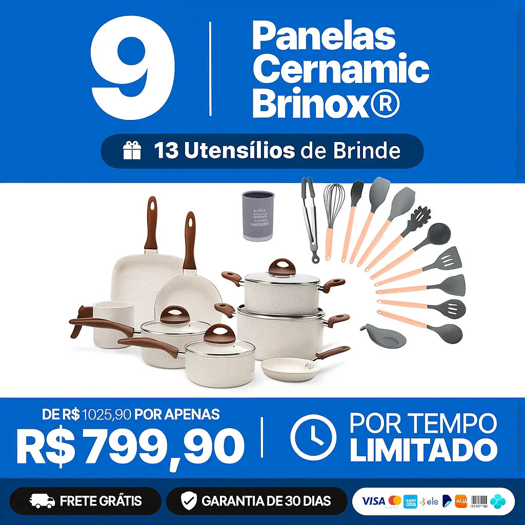 Jogo Completo 9 Panelas Ceramic Вrіnох® Life Smart Plus + 13 Utensílios de BRINDE