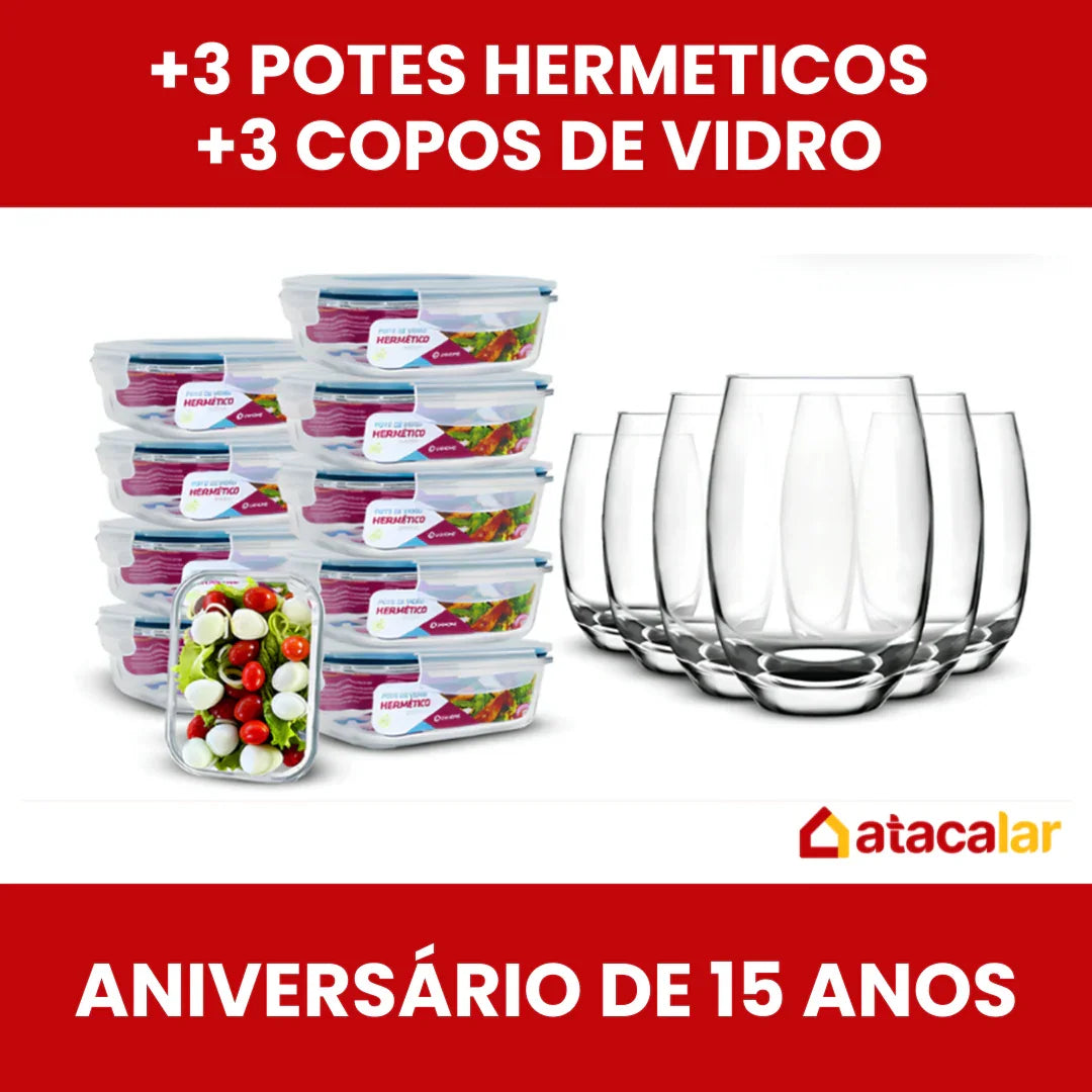 + 3 Potes Herméticos + 3 Copos de Vidro Aruba